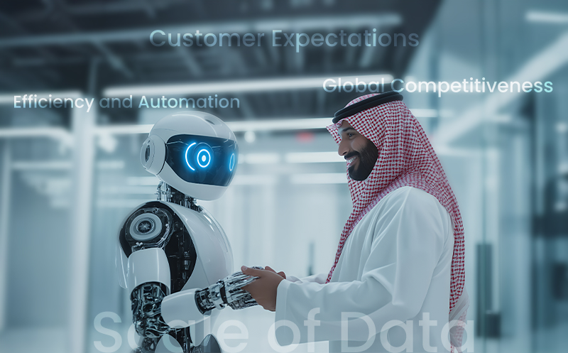 Saudi businessman and AI robot collaborating on digital transformation goals